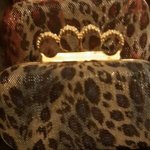 New Never Used Blue Leopard Print Clutch with Gold Accents